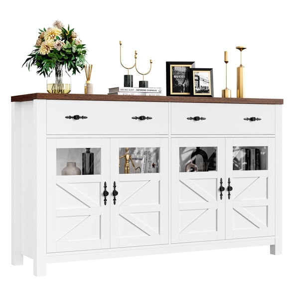 Homfa Farmhouse 55.1"W Kitchen Buffet Cabinet with Storage Drawer & Adjustable Shelf, Glass Door Wood Sideboard Credenza Coffee Bar with for Dining Room Living Room, White & Natural Wood