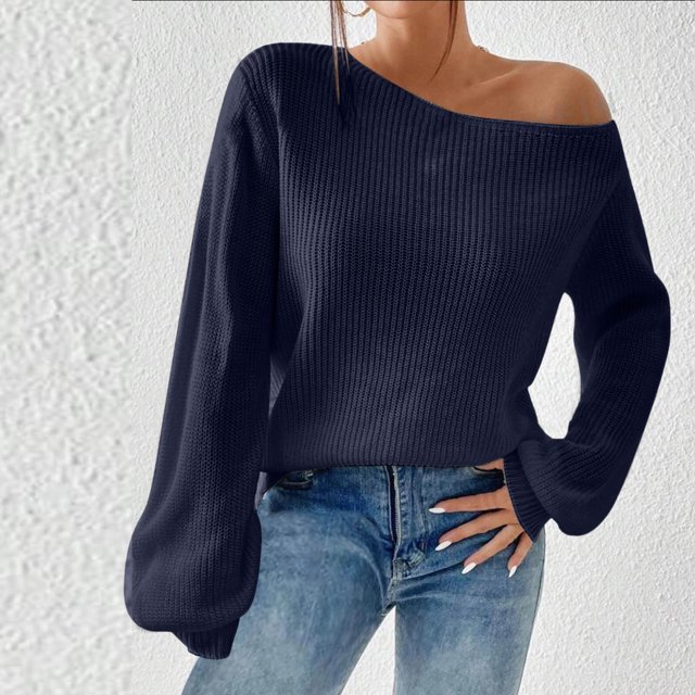 Pisexur Chandails pour Femmes Chandail Doux et Confortable, Chandail Ample en Tricot à Épaules Dénudées pour Femmes pour l'Automne et l'Hiver Chandail à Col Rond pour Porter par-Dessus Bleu, TG