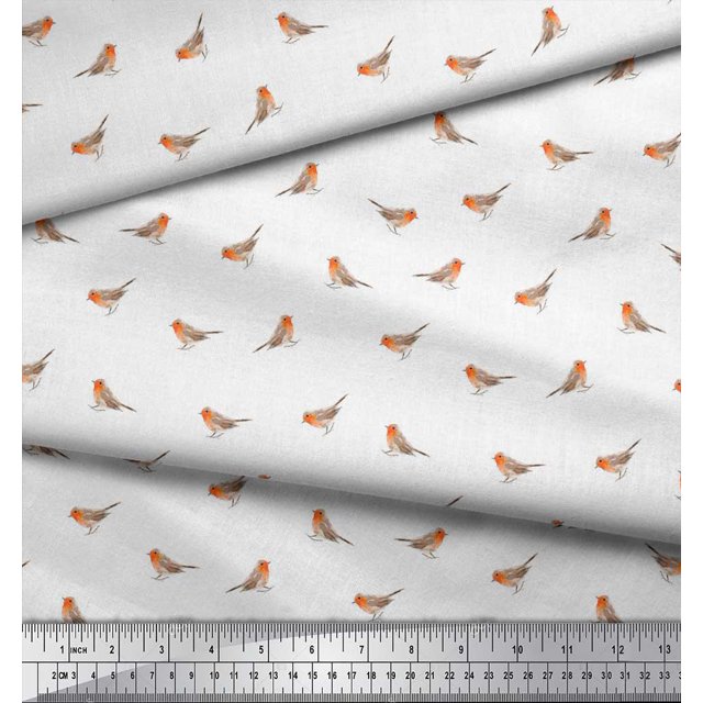 Soimoi White Moss Georgette Fabric American Robin Bird Decor Fabric Printed BTY 42 Inch Wide