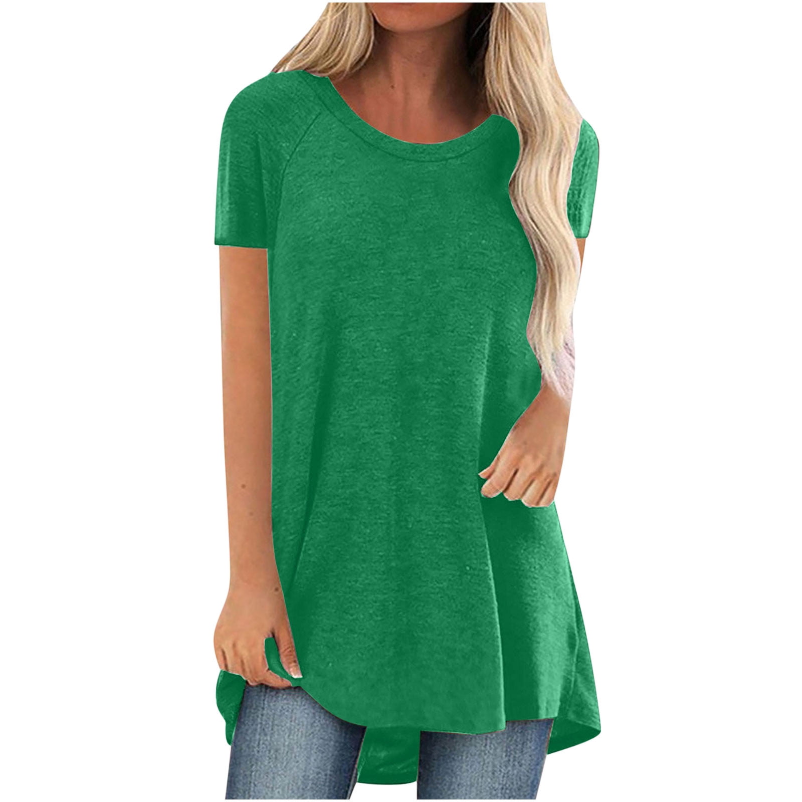 Womens Summer Solid Round Neck Loose Short Sleeve Tops T-shirt Blouse