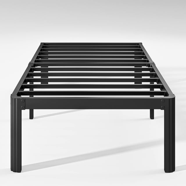 ULIESC 14 Inch High Twin Bed Frame in black, a heavy-duty metal platform bed frame designed for bedroom furniture. It features rounded corners for safety, compatibility with headboards, and 12 inches of under-bed storage space. Noise-free and easy to assemble with included tools, providing reliable mattress support.