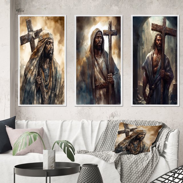 Designart "Jesus with Cross in Black III" Religious Landscape Framed Wall Art Set Of 3 - Black Religious Landscape Frame Gallery Wall Set For Home Decor