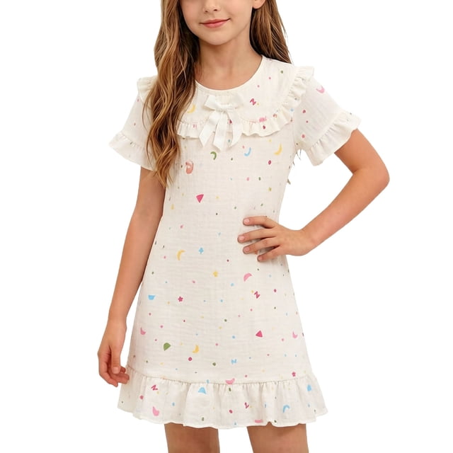 Robe de Nuit pour Filles, Manches Courtes, Col Rabattu, Imprimé d'Été, Tenue d'Intérieur, Chemise de Nuit pour Tout-Petit