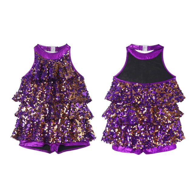 TiaoBug Girls Sleeveless Shiny Sequins Halter Tassel Mini Dress Latin Jazz Salsa Samba Rumba Unitard Dress Purple 6