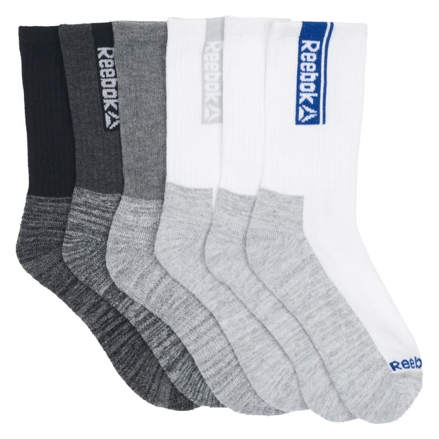 Reebok Garçons Lot de 6 Chaussettes Montantes Tailles P-M, Comprenant six Paires de Chaussettes Montantes pour Garçons en Noir, Gris Foncé, Gris Pâle et Blanc avec Semelles Grises, Chaque Paire Marquée du logo Reebok sur la Cheville et l'Orteil, Idéal pour les Tenues Décontractées et Sportives des Garçons.