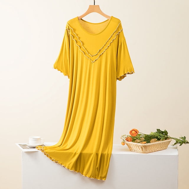 Économies à Durée Limitée, Jupe de Maison Grande Taille, Col Rond, Couleur Unie, Coussin de Poitrine, Coupe Ample, Confortable, Grande Taille, Tenue de Maison, Robe Décontractée Touche Féminine/coton, Jaune, Sopatenor