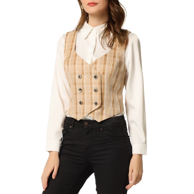 INSPIRE CHIC Women's Plaid Double Breasted Versatile Racerback Suit Vests Khaki L