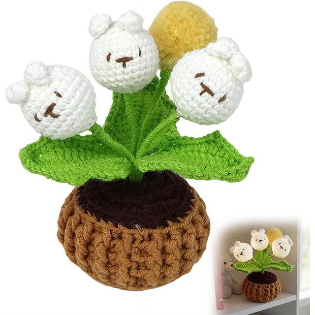 Handmade Crochet Panda Potted Night Light Cute Knitted Ornament Home Office Decor Gift