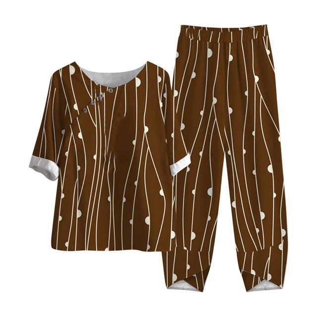 Mikilon Ensemble Élégant pour Femmes 2 Pcs Coton Lin Imprimé Manches Cinq-Quarts Col Rond + Pantalon Décontracté Marron TG