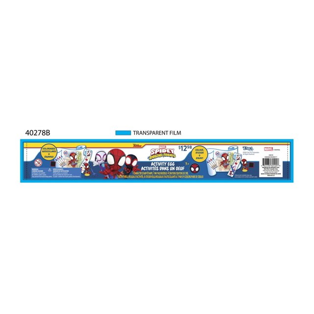 Marvel Spidey and His Amazing Friends Activity Egg packaging featuring Spider-Man characters with included coloring pages, sticker rolls, stamps, crayons, and scissors for children ages 3 and up, designed as a creative arts and crafts activity kit priced at $12.98.
