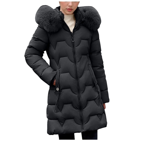 HongQid Long Puffer Winter Coat For Women Trendy Padded Down Jackets Full Zip Up Parka Coats With Faux Fur Hood