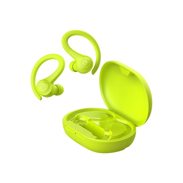 JLab Go Air Sport Écouteurs Véritablement Sans Fil en Jaune Néon, Écouteurs Bluetooth Conçus avec des Crochets d'Oreille Ergonomiques pour un Ajustement Sécurisé pendant les Activités Sportives. Comprend un Étui de Recharge compact avec Câble USB Intégré, Offrant Plus de 32 Heures d'Autonomie au total.