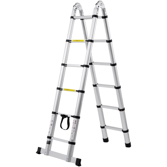 KFFKFF Extendable Ladder, Aluminum A-Frame 12.5FT, Lightweight with Multiple Retraction Buttons, Foldable Ladder, Supports 375 LBS, Includes Stability Bar, Versatile for RV and Camper