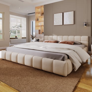 MODERNLUXE King Size Upholstered Platform Bed with Checkerboard Design,Upholstery Boucle Bed Frame Grounded Beds for Bedroom,Beige