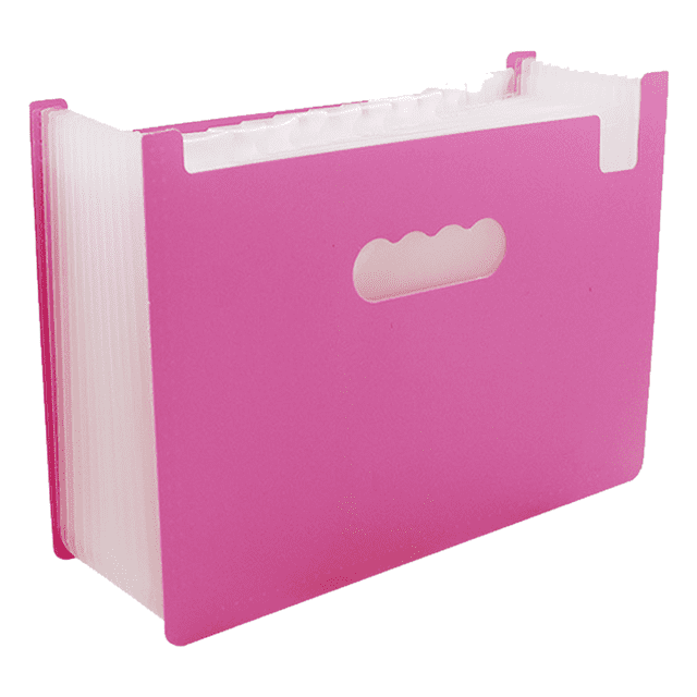 Lojalitet File Folders, Pocket Expanding File Folder with Tags and Closure for Office and Travel Use, shown in a vibrant red color with a durable plastic construction. Features a handle cutout for portability, sealed compartment bottoms to prevent document slipping, and tags for easy classification. Suitable for desk organization and storing bills, vouchers, and school papers.