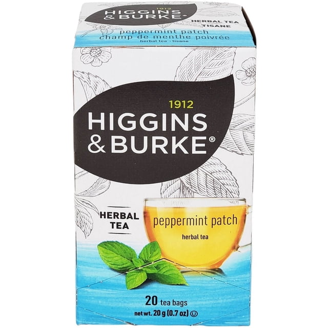 a2zchef Higgins & Burke Sachets de Thé à la Menthe Poivrée avec 6 Paquets de Tisane Étiquetée « Patch à la Menthe Poivrée ». l'Emballage de Thé en Vrac Présente une Tasse de Thé, des Feuilles de Menthe Fraîches et des illustrations Florales, Idéal pour Faire le Plein de Boissons Rafraîchissantes.