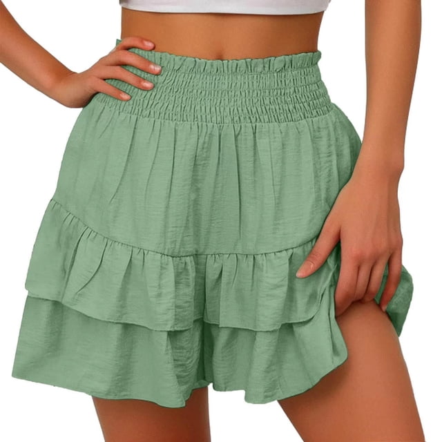 Timegard Wide Leg Shorts for Women Elastic Waisted Smocked Ruffle Bottom Flowy Lounge Shorts Beach Wear