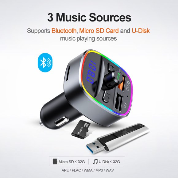 Adaptateur Audio pour Voiture Bluetooth V5.0 Réduction du Bruit Voiture AUX Lecteur MP3 LED Charge Rapide Adaptateur de Charge
