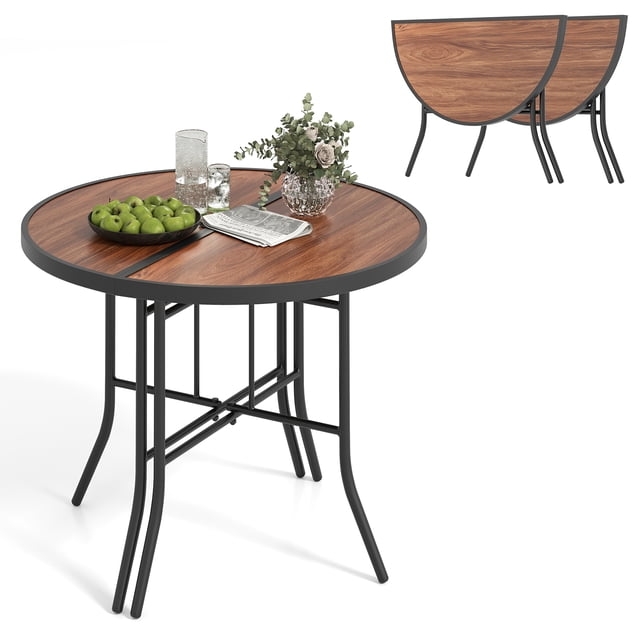 Gymax 2 Pcs Table d'Événement Demi-Ronde Pliable Table de Banquet Pliable avec Cadre en Métal Brun