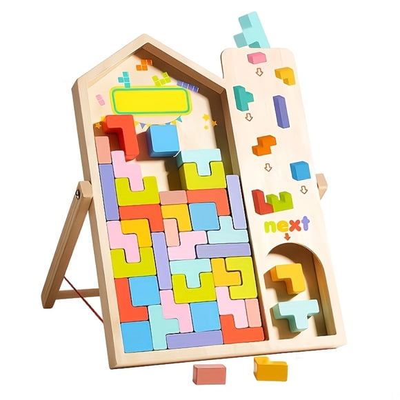 3D Wooden Tetris Puzzle Set, Geometric Logic Building Blocks for Desktop Display, Wood Jigsaw Game for Spatial Thinking, Natural Finish