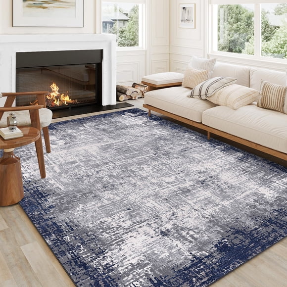 Tapis – 5x7 Lavable Doux à Poils Courts – Antidérapant et Pliable – Bordé Abstrait – Salon, Chambre, Salle à Manger et Entrée – Bleu Gris – Stock USA