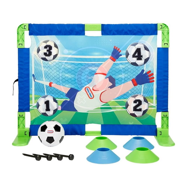Little Tikes TotSports Soccer Trainer with a double-sided training goal showing a goalie graphic and numbered target zones on a tangle-free blue net, including a size 2 soccer ball, four green and blue cones, and four stakes for secure outdoor setup, suitable for kids' soccer drills and coordination practice.