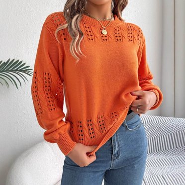Pisexur Chandails pour Femmes Chandail Doux et Confortable, Chandail à Manches Longues à Col Rond Uni pour Femmes Orange, P