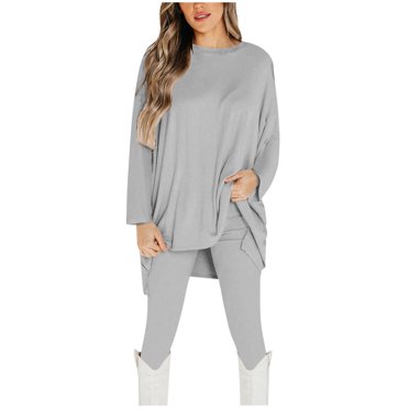 Besolor 2 Piece Outfits for Women Casual Crewneck Long Sleeve Irregular Tops and Leggings Sets Plus Size Tracksuit
