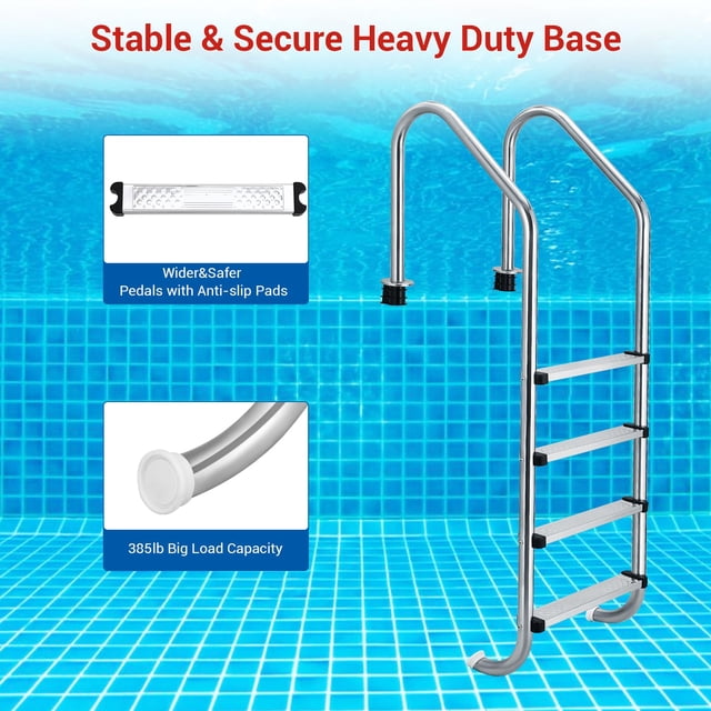 GloryStar Inground Pool Ladder,304 Stainless Steel Swimming Pool Ladder,Non-Slip Swimming Pool Ladder for Deep End, Easy Assembly, 380lbs Load Capacity - Perfect for Indoor/Outdoor Pools