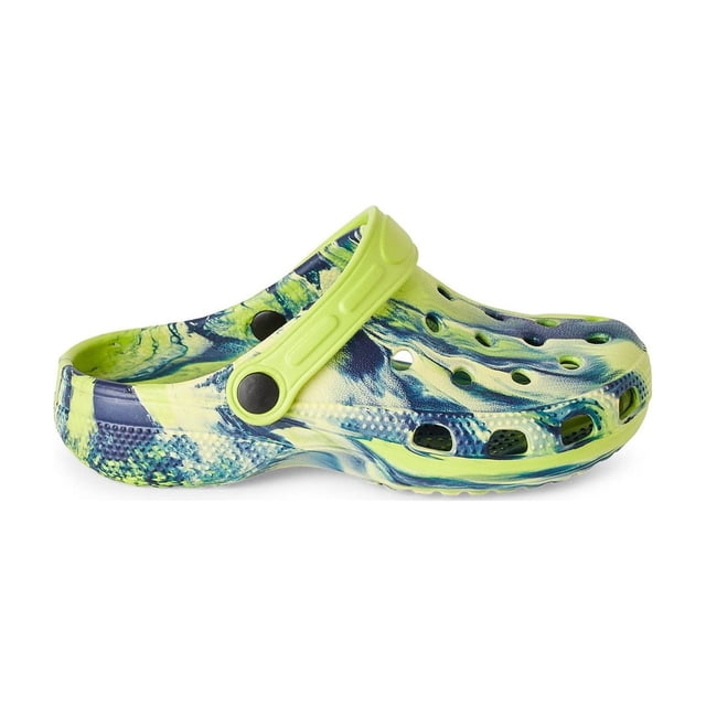 George Chaussures Sabots pour Grands Garçons à Profil Latéral avec Tige Synthétique Hydrofuge et Semelle Extérieure avec Imprimé Marbré Bleu et Jaune. Ces Chaussures à Enfiler Ont des Trous de ventilation, un Bout Rond et une Bride de Talon Vert lime, Convenant aux Tenues Décontractées, à la Plage Ou à la Piscine.