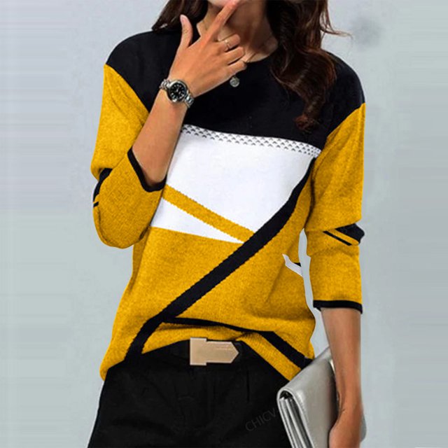 Meichang Hauts à Manches Longues pour Femmes Col Rond Pulls Doux d'Automne Pull Imprimé Géométrique Amusant Chemises Légères Tunique de Bureau