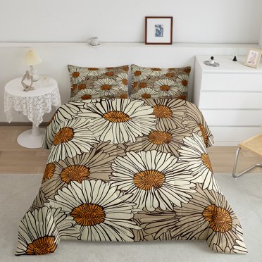 YST Daisy King Bedding Set,Retro Daisy Floral Down Comforter For Adult Teens,Brown Rustic Flowers Comforter Set,Vintage Aesthetics Garden Rural Duvet Set For All Season,Soft Warm 3Pcs