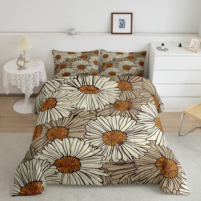 YST Daisy Queen Bedding Set,Retro Daisy Floral Down Comforter For Adult Teens,Brown Rustic Flowers Comforter Set,Vintage Aesthetics Garden Rural Duvet Set For All Season,Soft Warm 3Pcs