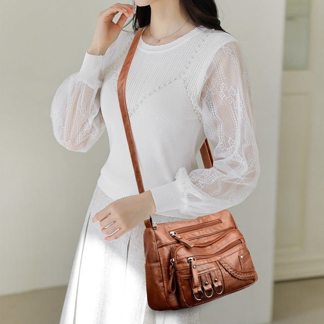 Matoen Women Soft Washed Leather Shoulder Bag Multi-Zip Spacious Large Capacity Handbag for Daily Use Travel Work Shopping Necessity