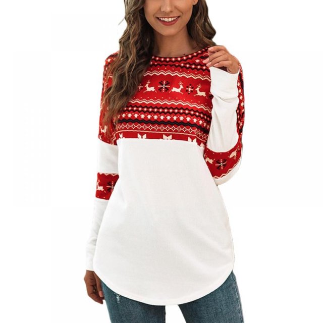 Women Christmas Print Tops Femael Long Sleeve O-neck Splicing Tee Spring Autumn Slim Tops