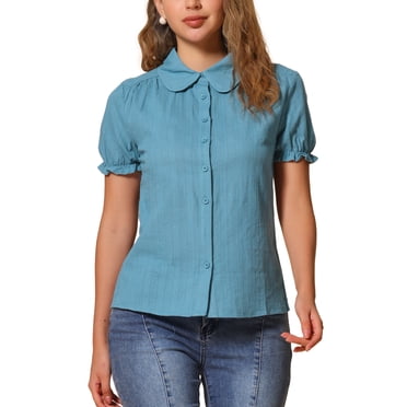 INSPIRE CHIC Women's Vintage Tops Peter Pan Collar Button Down Cotton Blouses Royal Blue L