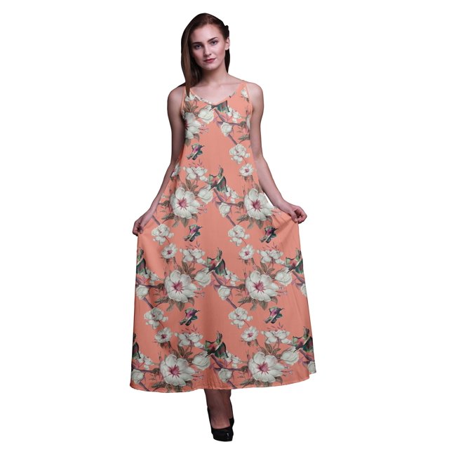 Bimba Robe Longue Maxi Imprimée en Rayonne pour Femmes à Bretelles Spaghetti Ajustables Boho-X-Grand