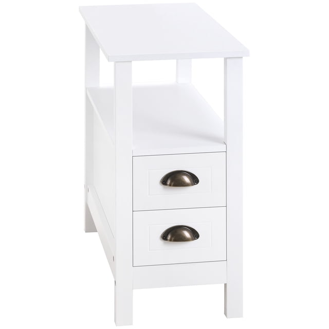 HOMCOM Table d'Appoint Mince avec 2 Tiroirs et Tablette de Rangement, Présentant un design compact en MDF Blanc avec Deux Tiroirs avec Poignées en Métal et une Tablette Ouverte. Idéale comme Table d'Appoint de sofa, Table de Chevet Ou Table de Nuit, Elle Mesure 11,75 Pieds' L x 23,5 Pieds' P x 24 Pieds' H et Offre un style Moderne Convenant aux Salons Ou aux Chambres. base Surélevée et Patins de Pieds en Plastique Protégent les Planchers et les Effets.
