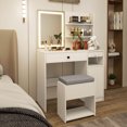 thumbnail image 4 of Costway Vanity Desk Set with Mirror & Lights Power Outlet Cushioned Stool Drawer & Shelves White, 4 of 10