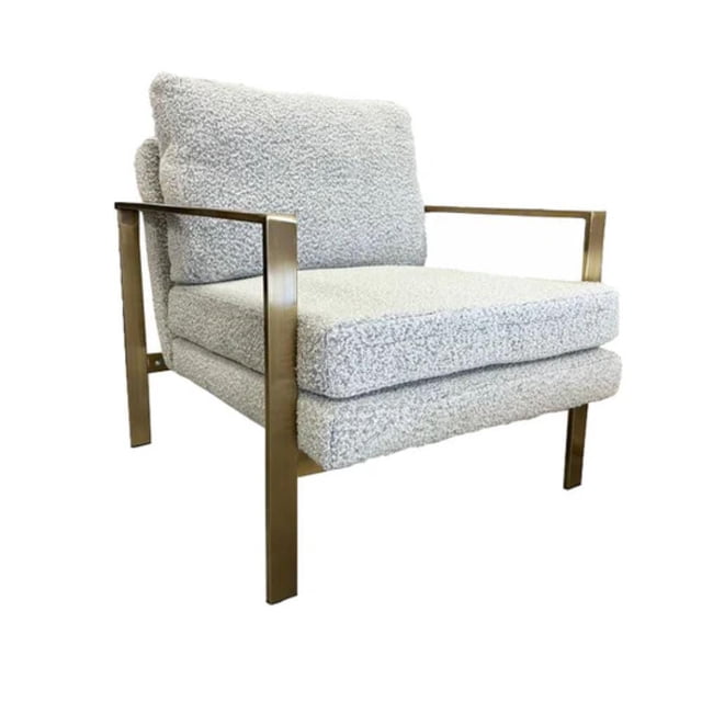 Fauteuil Lounge Sidney Élégant et Moderne avec Rembourrage en Tissu Bouclé et Cadre en Acier Brossé Ton Or, Doté d'Un Siège et d'Un Dossier Rembourrés en Peluche, Mesurant 34 Pouces de Hauteur, 35,5 Pouces de Largeur et 31 Pouces de Longueur, Convient aux Sièges de Salon accent et Est Souvent Utilisé comme Fauteuil de Lecture Élégant.