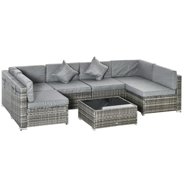 Outsunny Ensemble sectionnel de jardin en osier de 7 pièces avec table à thé, canapé de salon en rotin avec coussin, meubles de terrasse d'extérieur gris tous temps