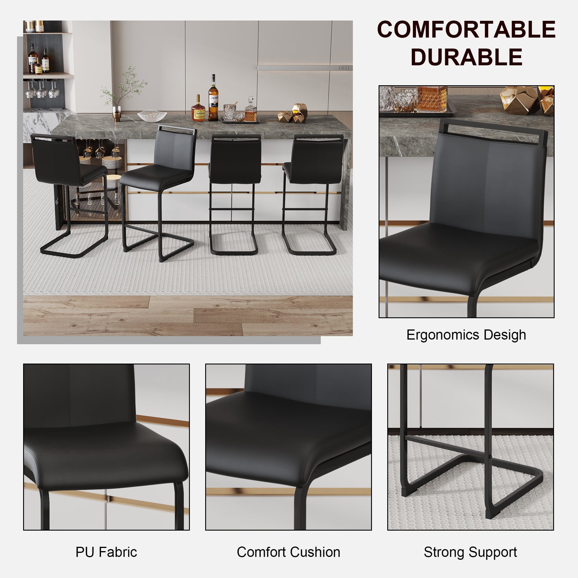Noble House Ensemble de 2 tabourets de bar moderne, cuir PU noir avec cadre métallique, dossier ergonomique de 38" et pieds antidérapants, noir