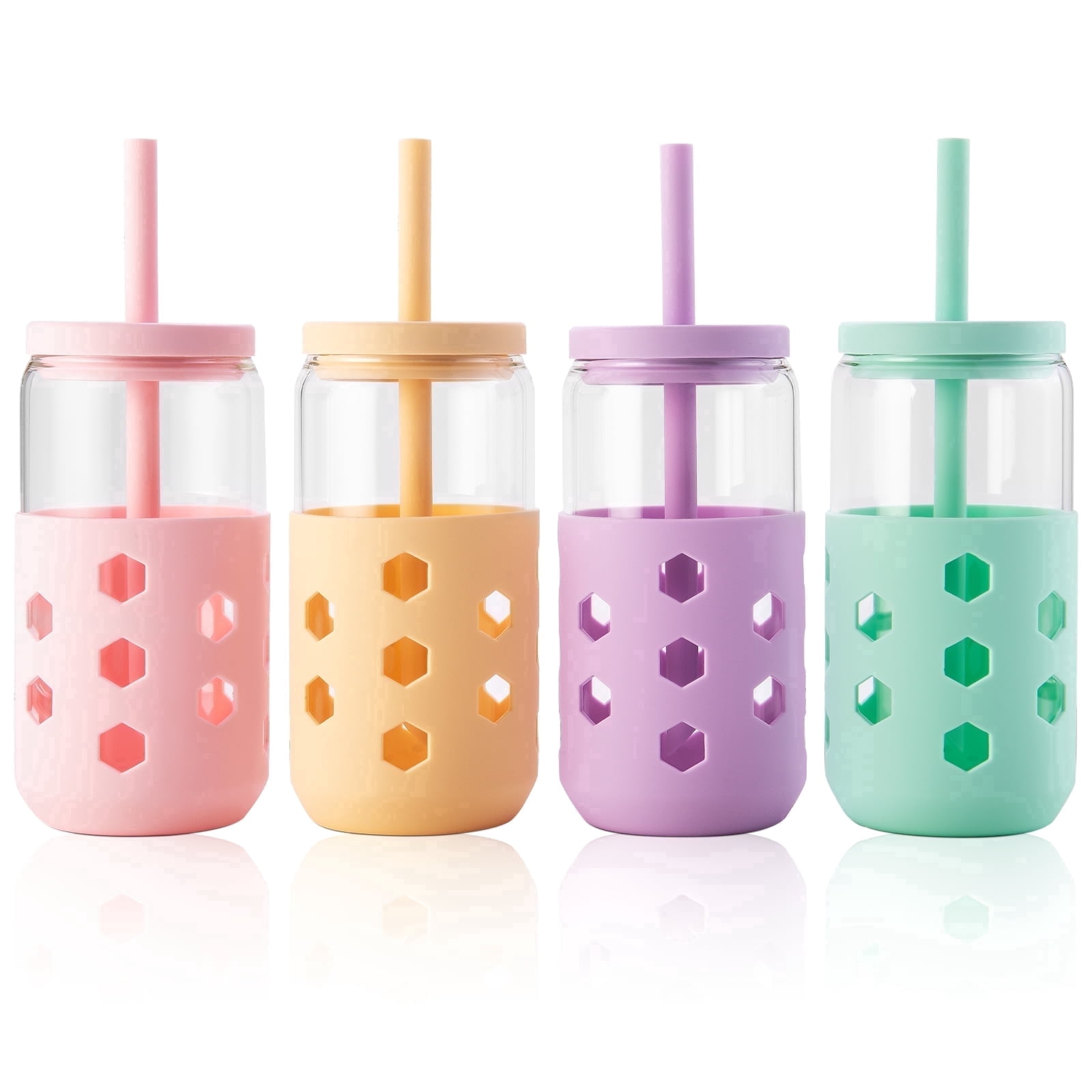 Mrsdry Glass Cups with Silicone Lids and Straws (4 Pcs), 16oz Drinking Glasses Set with Silicone Sleeves for Coffee Bar Accessories Iced Coffee Cups with Lids, Glass Tumbler Reusable for Gifts