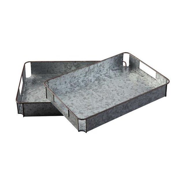 BM230979 Benjara Plateau Rectangulaire en Métal avec Poignée Découpée, Gris - Ensemble de 2