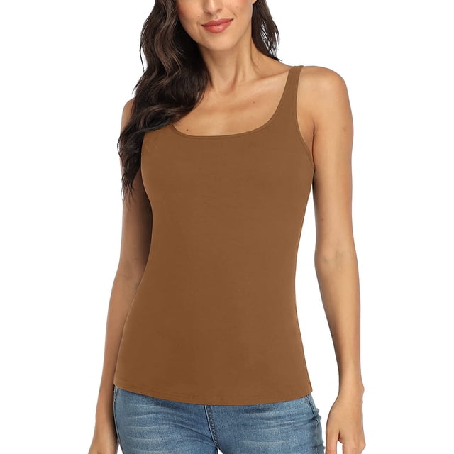 Women's Cotton Tank Top Adjustable Wide Strap Camisole with Shelf Bra Undershirt in a solid brown colour. Features a scoop neckline, built-in shelf bra with elastic underbust band for light support, and adjustable wide straps. Made from 90% cotton and 10% spandex for a soft, stretchy fit. Styled with blue jeans, ideal for women's lingerie, layering, or casual wear.