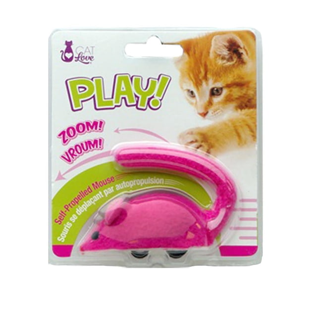 Cat Love Play Zippy Mouse Cat Toy in pink, a self-propelled mouse-shaped cat toy with soft furry texture and wheels, packaged on a card with playful text and an orange cat image, designed to encourage active play and exercise for cats.