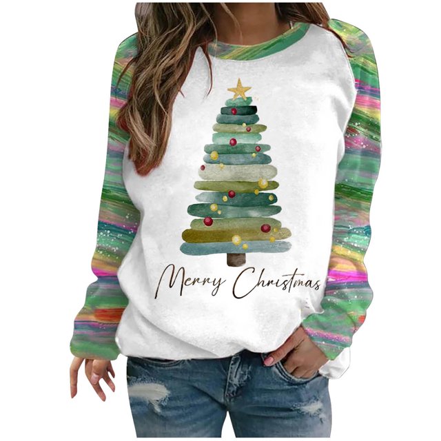 EQWLJWE Chandails en Molleton de Noël pour Femmes Manches Longues Col Rond Chandails en Molleton Chandail Arbre de Noël Hauts et Verts Frais Manches Raglan Haut Arbre de Noël Chandails en Molleton pour Femmes Grandes Tailles