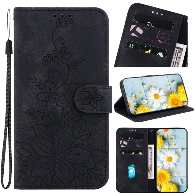 Compatible with Samsung Galaxy A02 Embossed Lily Wallet Case with Card Holder PU Leather Flip Cover