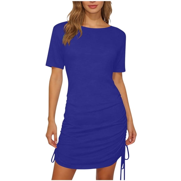 Jalioing Womens Mini Dresses Fashion Solid Crew Neck Short Sleeve Side Drawstring Dress Slim Ruched Summer T Shirt Dress