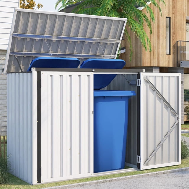 YODOLLA 46 Cu ft. Outdoor Horizontal Storage Shed in White with Multi-Opening Door Weather Resistant Metal Tool Shed. This weather-resistant outdoor storage solution features a sturdy metal build, lockable double doors, and a hydraulic lid mechanism for easy access. With 46 cubic feet of storage space, it is ideal for storing bicycles, garbage bins, and outdoor tools. Displayed outdoors near a modern home with landscaping.